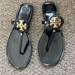 Tory Burch Black Sandals with Gold Emblem
